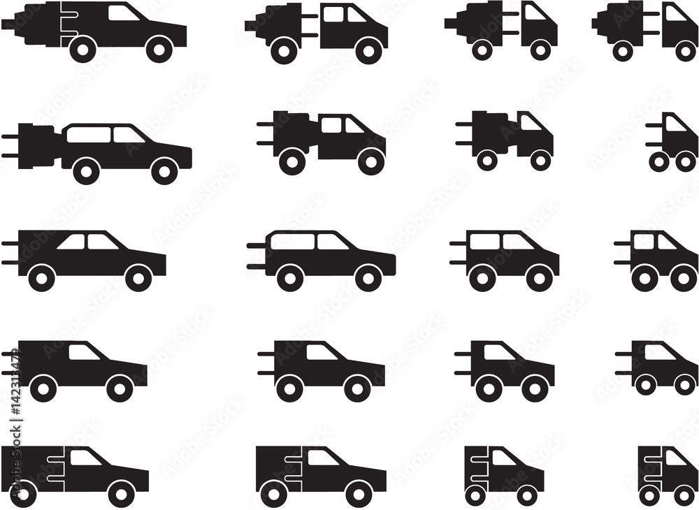 set of electro car pictograms in black and white set of electro car pictograms in black and white