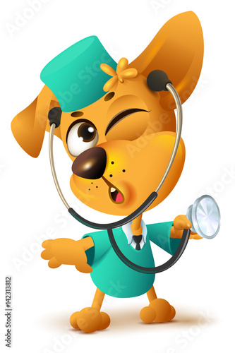 Yellow dog doctor vet keeps stethoscope