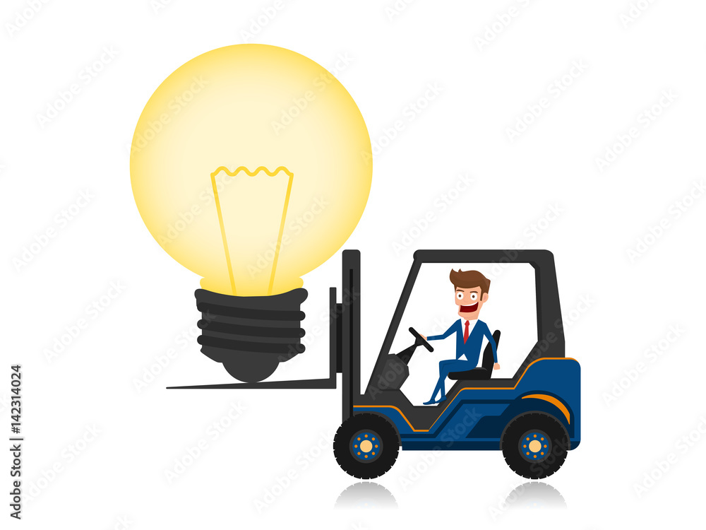Businessman driving forklift loaded with big light bulb idea. Creative idea concept.