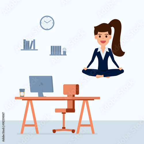 Business woman meditating in peace over the office table. Time management, stress relief and problem solving concepts.