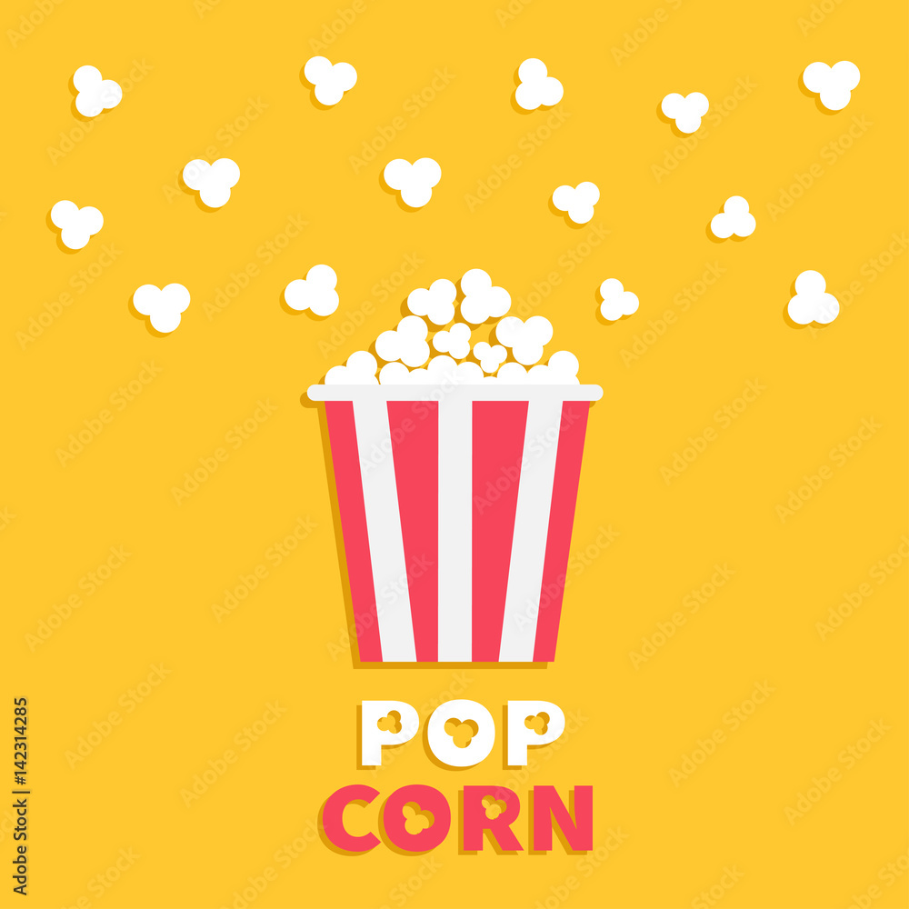 Popcorn popping. Red yellow strip box package. Cinema movie night icon in flat design style. Fast food. Yellow background with text.