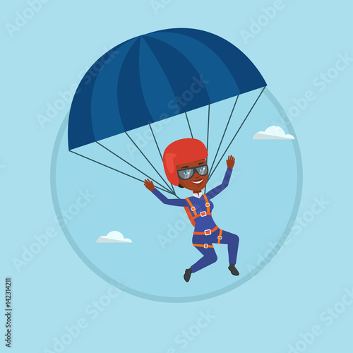 Young happy woman flying with parachute.