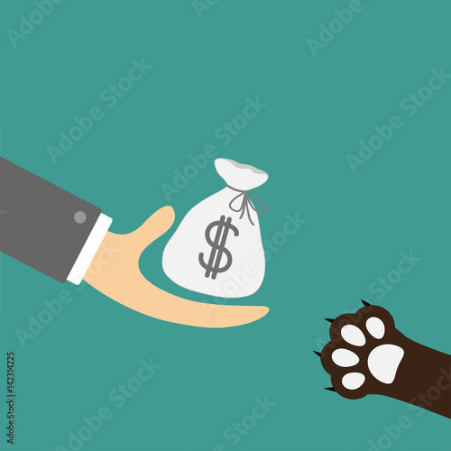 Hand giving money bag with dollar sign. Dog cat paw print taking gift. Helping hand concept. Adopt, donate, help, love pet animal. Flat design style. Green background.