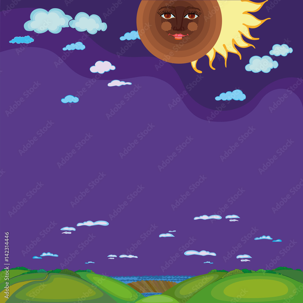Fototapeta premium Solar eclipse above green land. Moon with human face blocking sun in sky with clouds. Vector Illustration