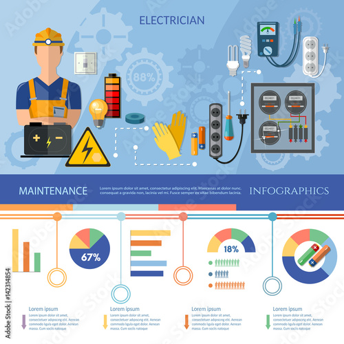 Professional electrician infographics. Electrical equipment presentation template. Electricity tools installation and repair