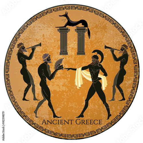 Ancient Greece scene. Black figure pottery. Classical Ancient Greek style