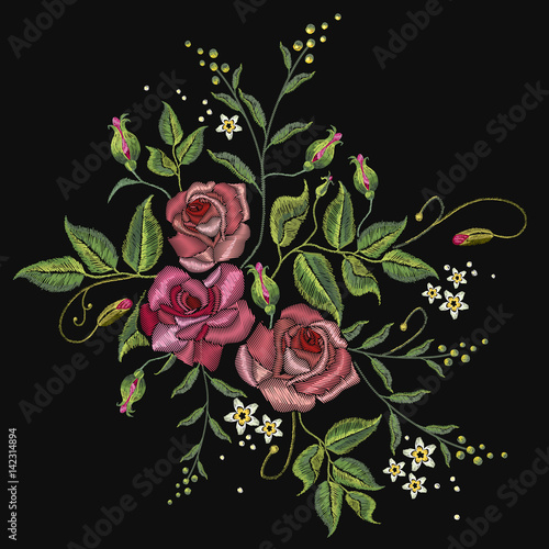 Roses embroidery on a black background. Classic style embroidery, beautiful roses