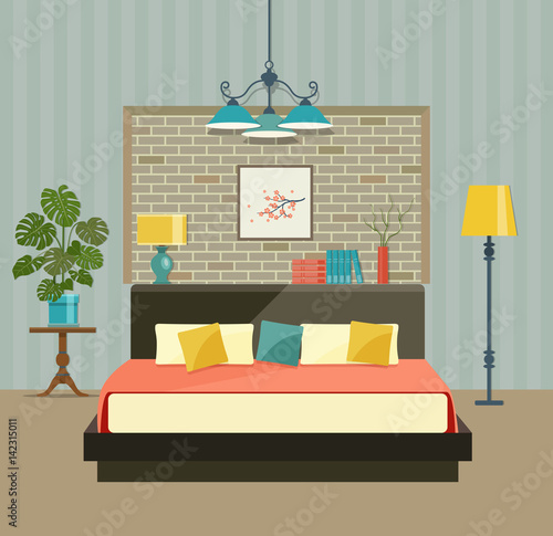 Interior space bedroom with a bed near a brick wall. Vector flat illustration