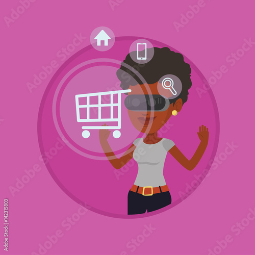 Woman in virtual reality headset shopping online.