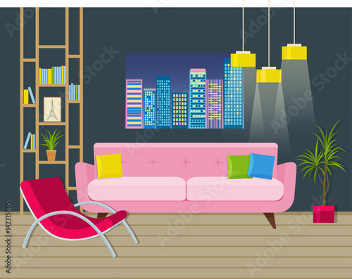 Modern living room interior with couch, lamps, wooden floor and picture with night city view. Vector flat illustration.