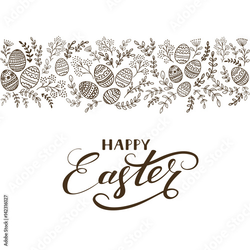 Black floral elements with eggs and lettering Happy Easter