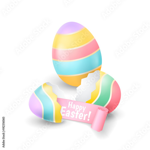 Vector holiday illustration with the broken eggshell and colored egg for greeting banners and flyers design. An eggshell halves with pink ribbon isolated on the white background.