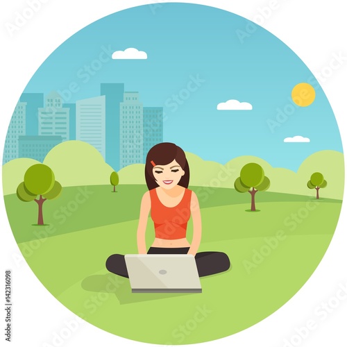 Smiling college girl is holding notebook and sitting in the park. Vector flat illustration
