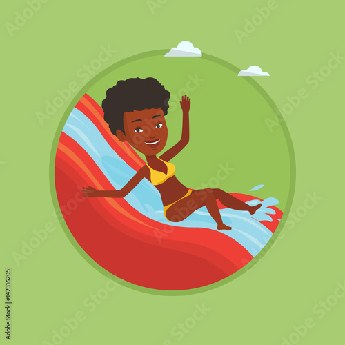 Woman riding down waterslide vector illustration.