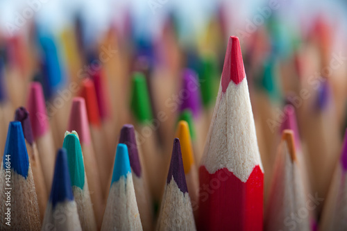 Group of multicolored wooden pencils, macro view