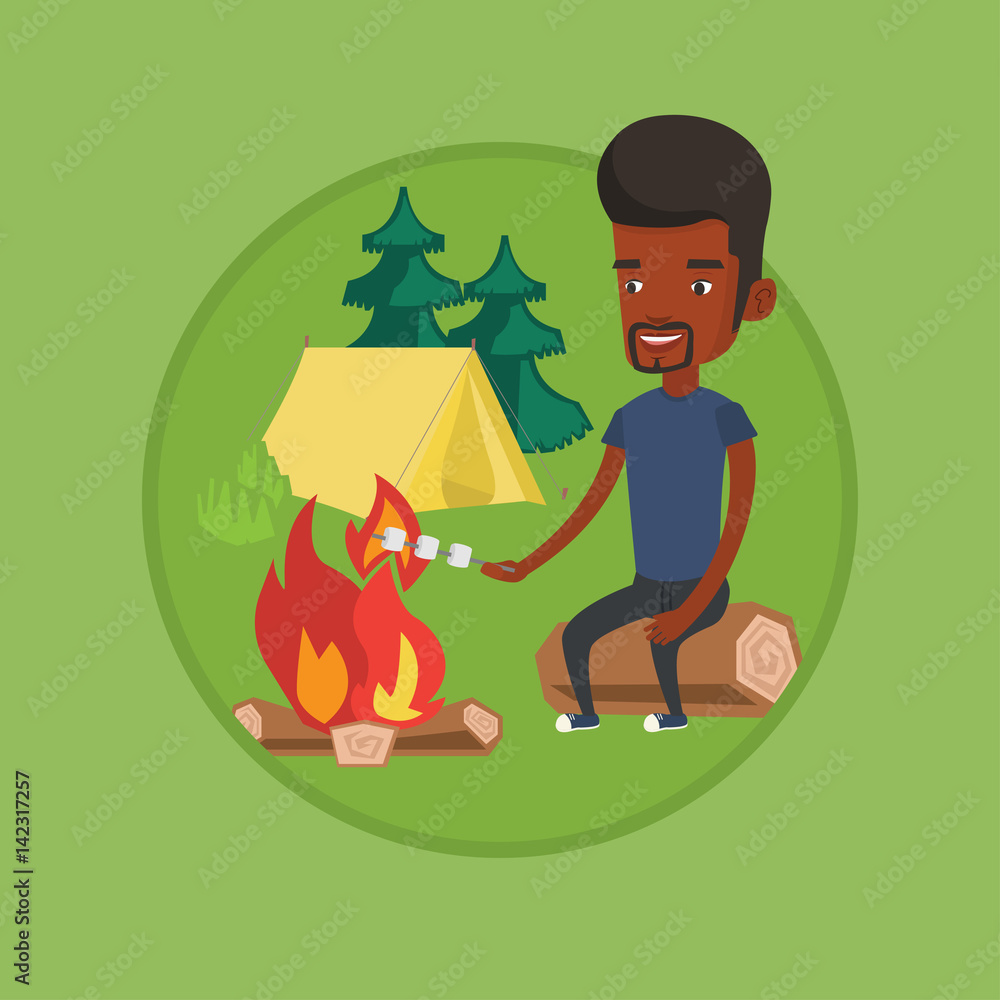 Fototapeta premium Businessman roasting marshmallow over campfire.