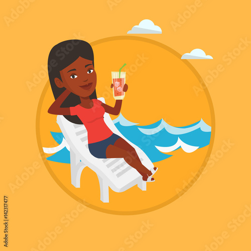 Woman relaxing on beach chair vector illustration.