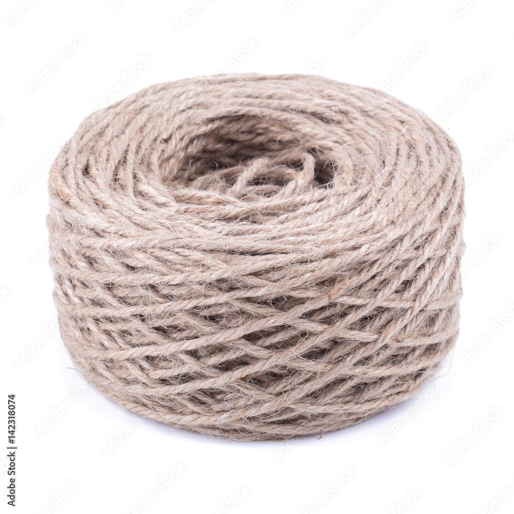 Roll of twine jute on sacking, hemp rope in paper roll isolated on white background.