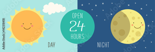Cute banner for day and night shop with hand drawn smiling cartoon characters of Sun and Moon