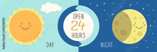 Cute banner for day and night shop with hand drawn smiling cartoon characters of Sun and Moon