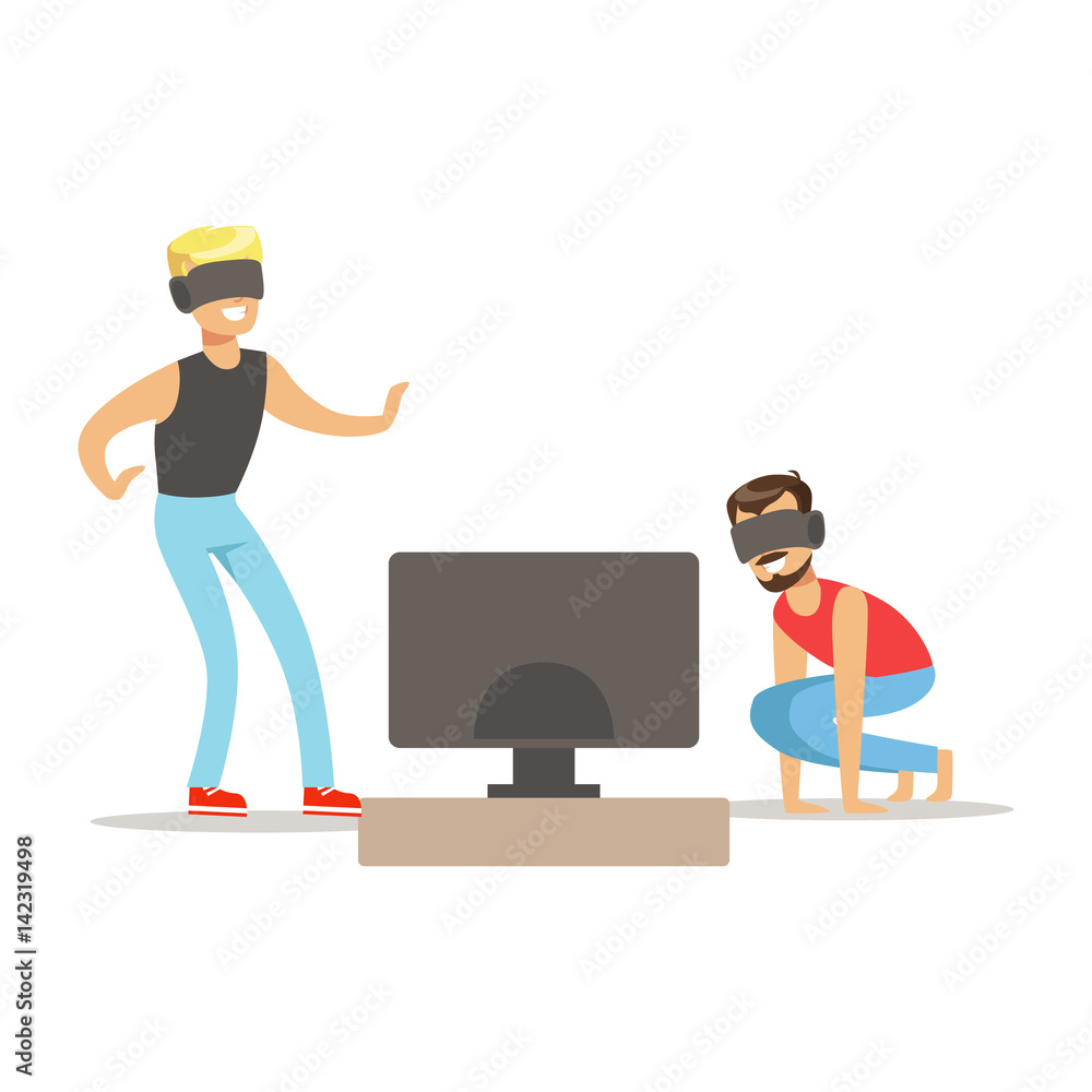 Two Friends In Virtual Reality Glasses,Part Of Happy Gamers Enjoying Playing Video Game, People Indoors Having Fun With Computer Gaming Two Friends In Virtual Reality Glasses,Part Of Happy Gamers Enjoying Playing Video Game, People Indoors Having Fun With Computer Gaming