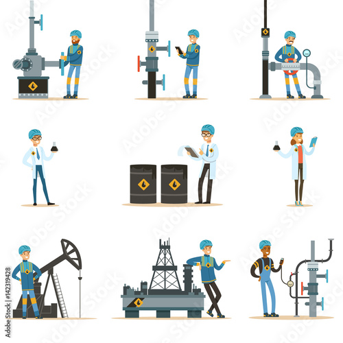 Happy People Working In Oil Industry Set Of Cartoon Characters Working At The Pipeline And Petroleum Extraction Machinery
