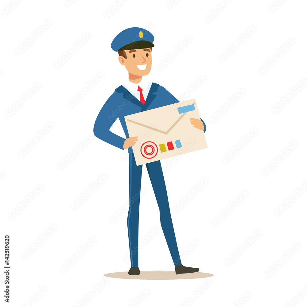 Postman In Blue Uniform Delivering Mail, Holding Giant Letter Envelop, Fulfilling Mailman Duties With A Smile Postman In Blue Uniform Delivering Mail, Holding Giant Letter Envelop, Fulfilling Mailman Duties With A Smile