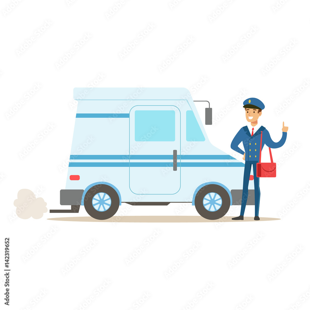 Postman In Blue Uniform With The Car Delivering Mail, Fulfilling Mailman Duties With A Smile Postman In Blue Uniform With The Car Delivering Mail, Fulfilling Mailman Duties With A Smile