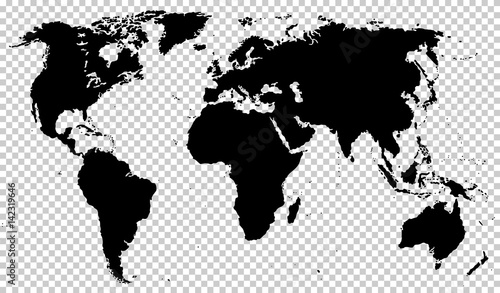 Black detailed world map isolated on transparent background. Vector illustration. EPS10