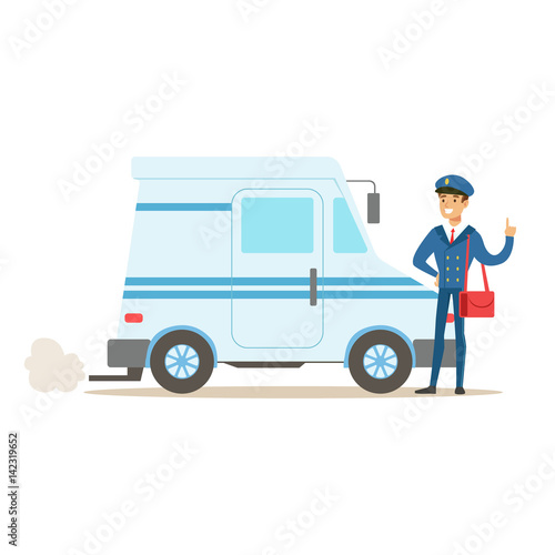 Postman In Blue Uniform With The Car Delivering Mail, Fulfilling Mailman Duties With A Smile
