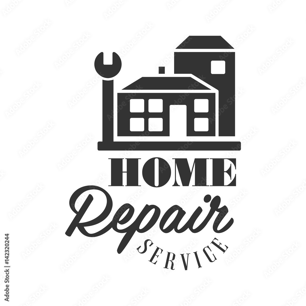 Obraz premium Repair and Renovation Service Black And White Sign Design Template With Text, House Silhouette And Wrench