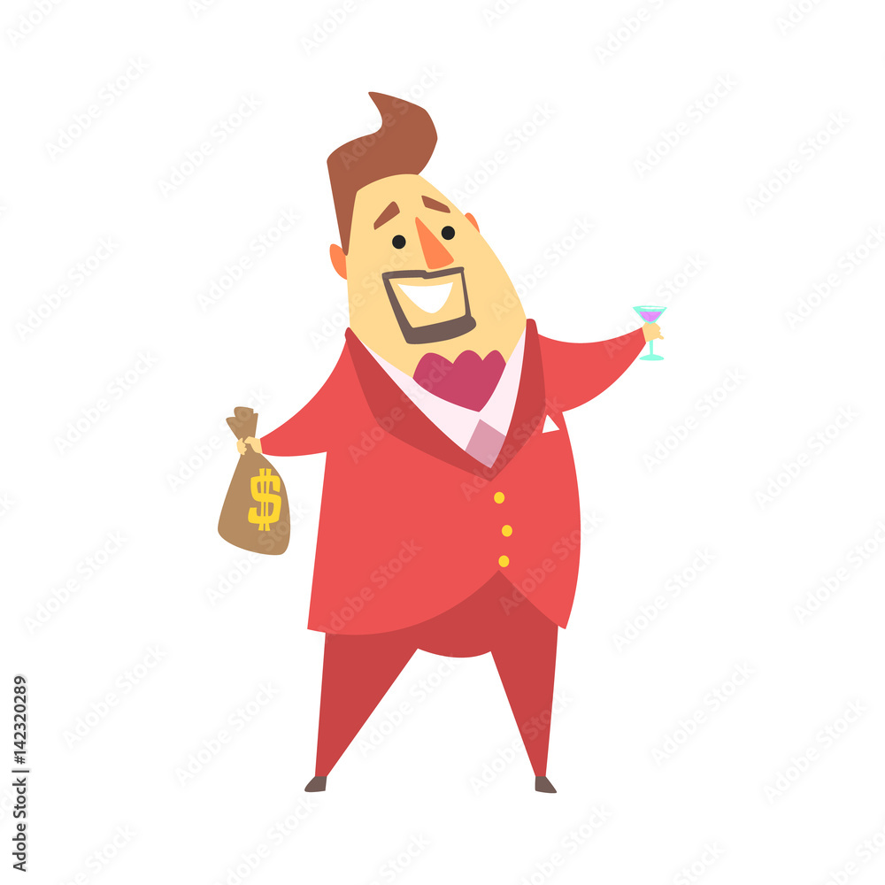 Millionaire Rich Man Holding Money Bag And Glass Of Martini,Funny Cartoon Character Lifestyle Situation Millionaire Rich Man Holding Money Bag And Glass Of Martini,Funny Cartoon Character Lifestyle Situation