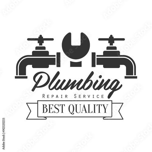 Best Quality Plumbing Repair and Renovation Service Black And White Sign Design Template With Text, Wrench And Two Taps