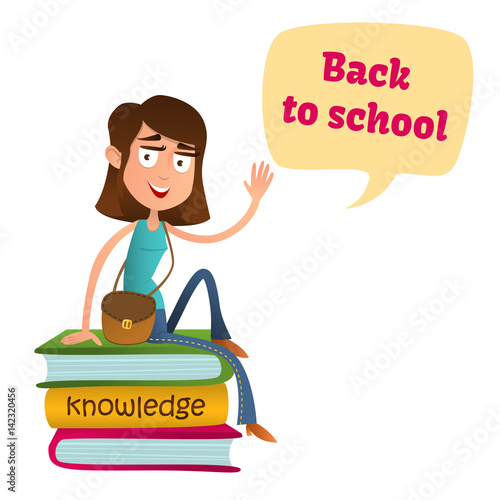 Cute Smart girl teenager sitting on a pile of books and waving. flat style vector illustration isolated on white background. Speech bubbles. Back to school.
