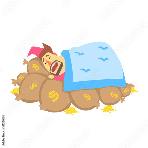 Millionaire Rich Man Using Bags With Money As Bed To Sleep Funny Cartoon Character Lifestyle Situation