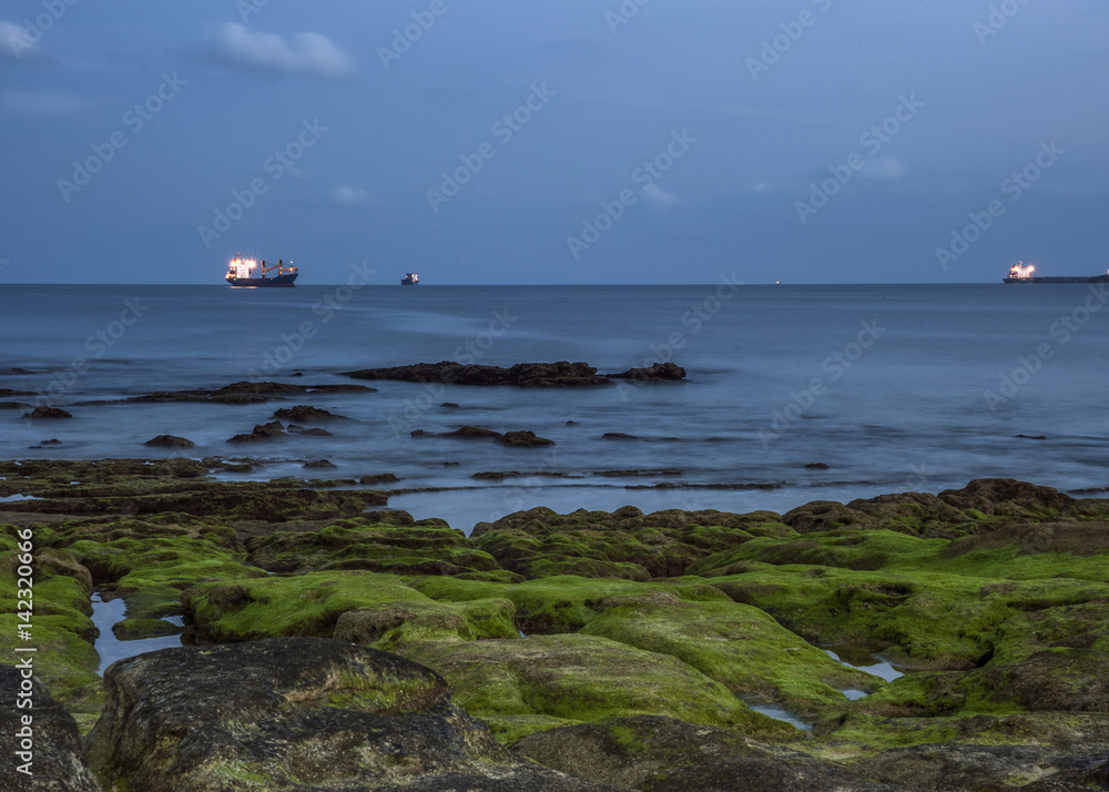 Portugal , Cascais. Atlantic coastal strip, embankment, . Stones covered with moss , early evening. In the background lights of the ships, standing on the raid .