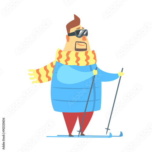 Millionaire Rich Man On Ski In Mountain Resort,Funny Cartoon Character Lifestyle Situation