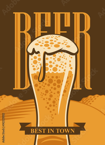 Vector banner with a glass of beer on the background of a field