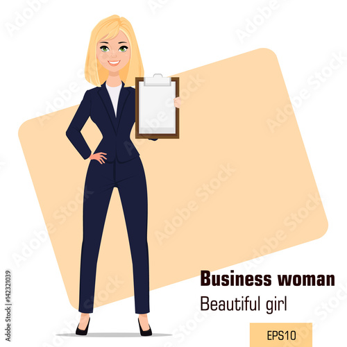 Young cartoon businesswoman standing. Beautiful blonde girl in office clothes showing checklist while presentation. Fashionable modern lady. Vector illustration. EPS10
