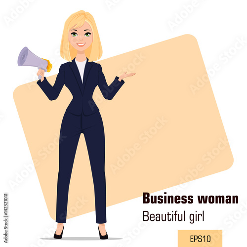 Young cartoon businesswoman standing. Beautiful blonde girl in office clothes holding mouthpiece. Fashionable modern lady. Vector illustration. EPS10
