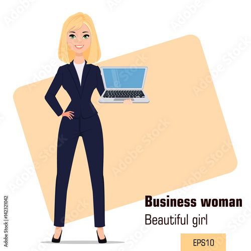 Young cartoon businesswoman standing. Beautiful blonde girl in office clothes holding laptop. Fashionable modern lady. Vector illustration. EPS10
