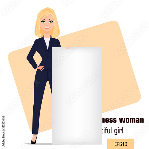 Young cartoon businesswoman standing with crossed hands. Beautiful blonde girl in office clothes standing near big blank banner. Fashionable modern lady. Vector illustration. EPS10