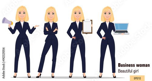 Young cartoon businesswoman set. Beautiful blonde girl in office clothes standing with crossed hands, holding mouthpiece, showing checklist and holding laptop. Fashionable modern lady. Vector. EPS10