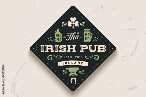 Coaster for beer with hand-drawn lettering Beer. Vintage drawing for bar, pub and beer themes. Balck circle for placing beer mug and bottle over it with lettering. Vector Illustration
