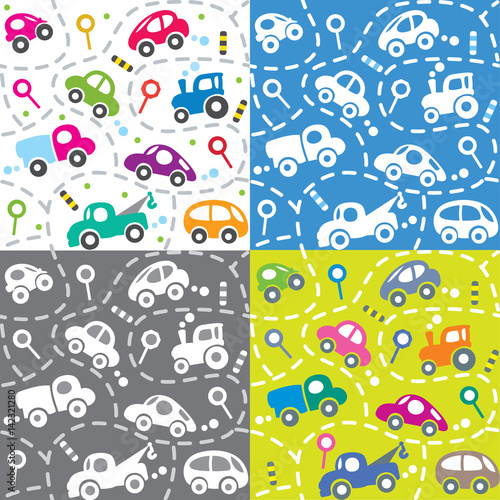 Cars on the road. Seamless kids pattern set. © passengerz
