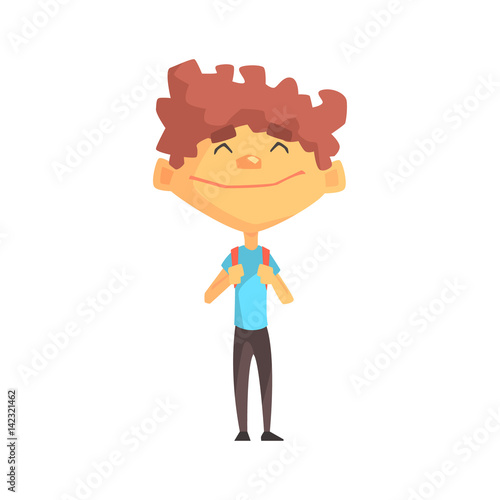 Curly Boy In Blue T-shirt Smiling, Primary School Kid, Elementary Class Member, Isolated Young Student Character
