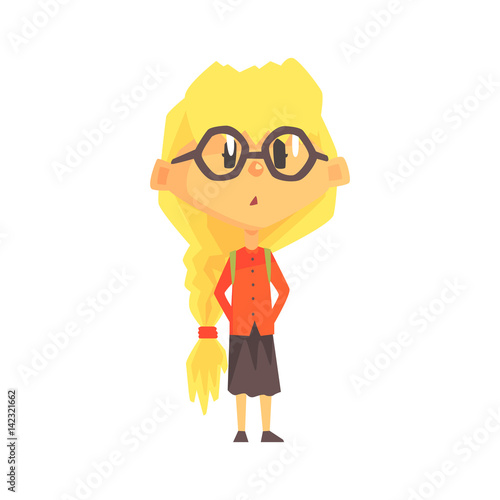 Confused Blond Girl In Glasses With A Plat, Primary School Kid, Elementary Class Member, Isolated Young Student Character