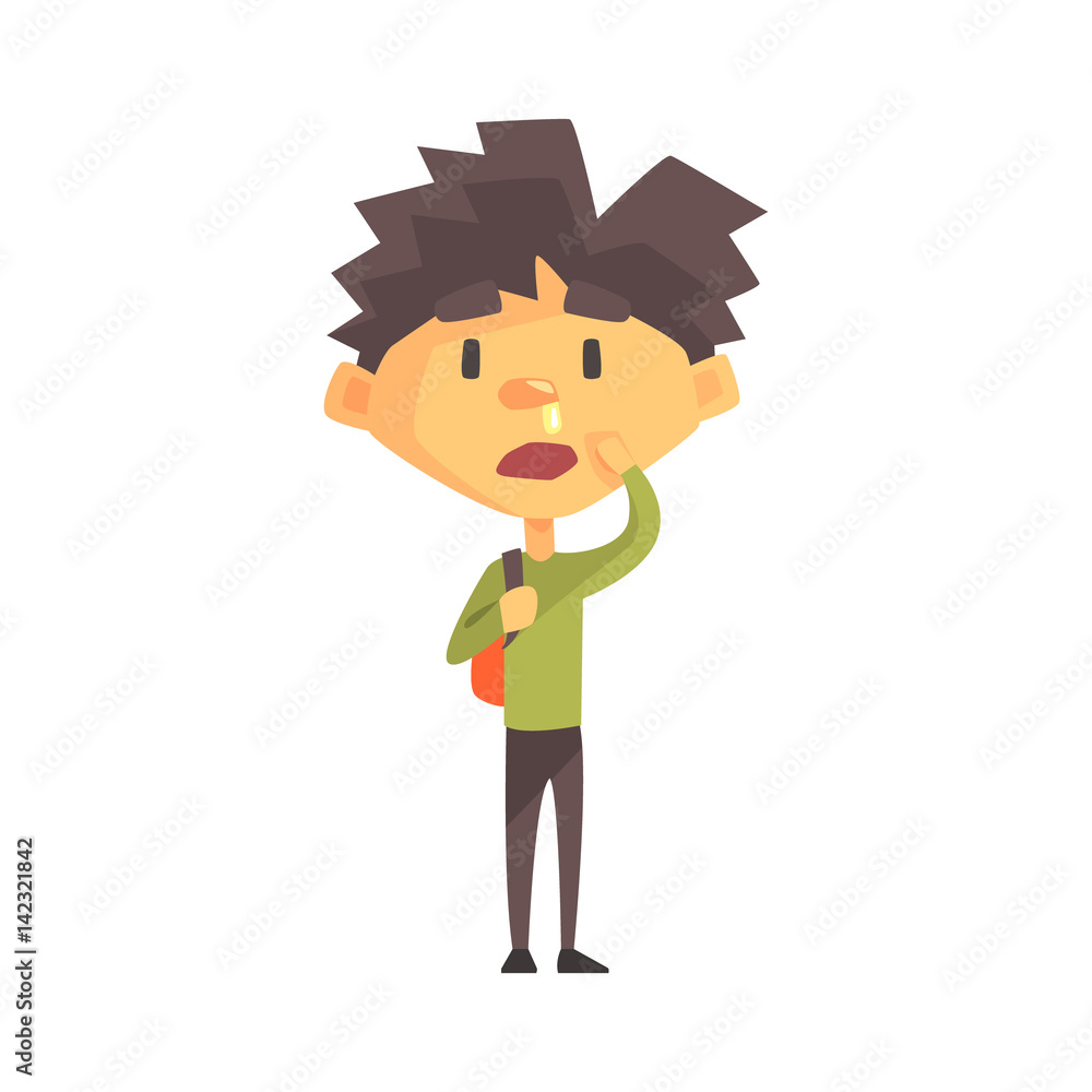 Boy In Green Sweater With Running Nose, Primary School Kid, Elementary Class Member, Isolated Young Student Character Boy In Green Sweater With Running Nose, Primary School Kid, Elementary Class Member, Isolated Young Student Character