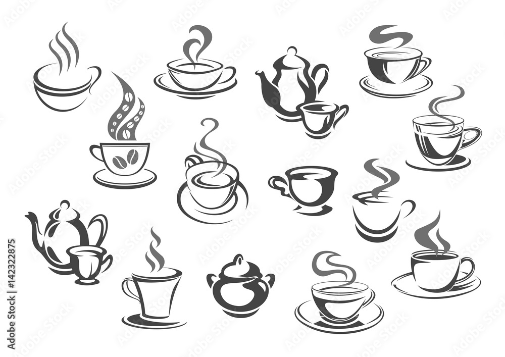 Cup of coffee and tea, teapot, sugar bowl icon set