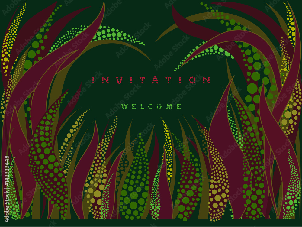 Horizontal invitation card with point style lettering on dark green background with plant graphic ornament - vector illustration